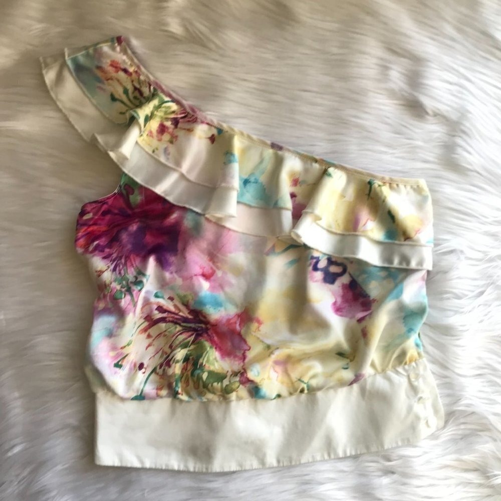 Silky Floral Print Ruffle One Shoulder Dressy Crop Top - XS